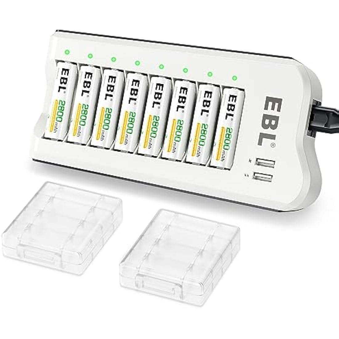 EBL Upgraded 8 Bays AA AAA Battery Charger with USB Ports and 8 Counts 2800mAh AA Batteries, Rechargeable Batteries and Charger Set