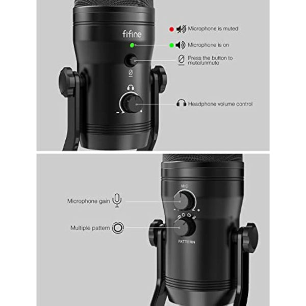 FIFINE Podcast Microphone Four Pickup Patterns USB Mic with Mute Button, Gain Knob& Monitoring Headphone Jack Computer Mic for Recording Instruments, YouTube, Gaming, Voice-Over,Vocal,Stream-K690