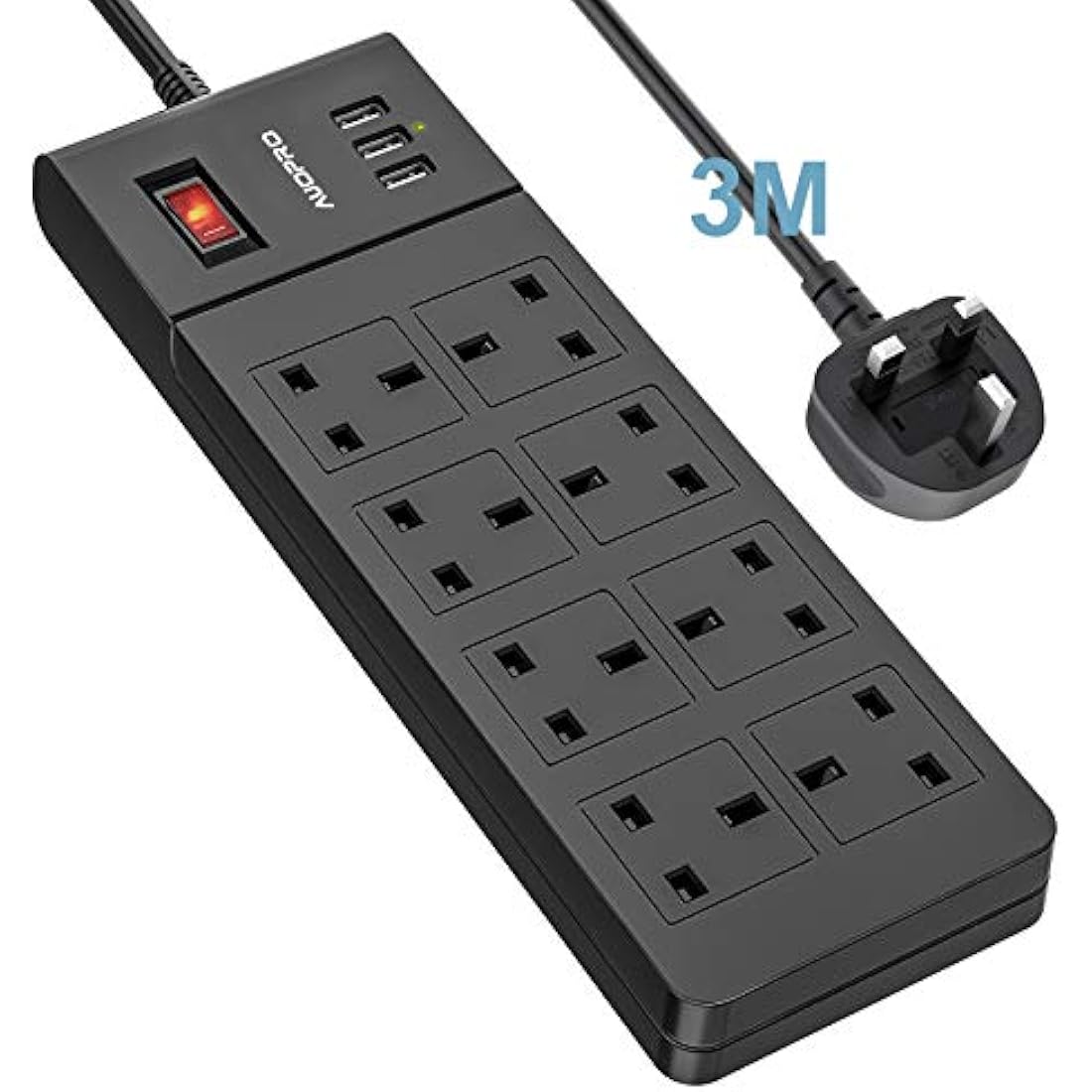 8 Way Extension Lead 3M, Multiple Plug Power Strip with 3 USB Charging Slots, Black Mains Socket Extension, Wall Mountable, Switched, 3 Metre Long Power Cord for Desktop PC TV Home Office, 2500W/10A