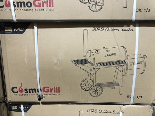 CosmoGrill Outdoor XL Smoker Barbecue Charcoal Portable BBQ Grill, 2 Folding Side Table, Built-in Thermometer, Adjustable Charcoal Pan & Chimney, Wheels, Large Coal BBQ Smoker for Home Garden Cooking
