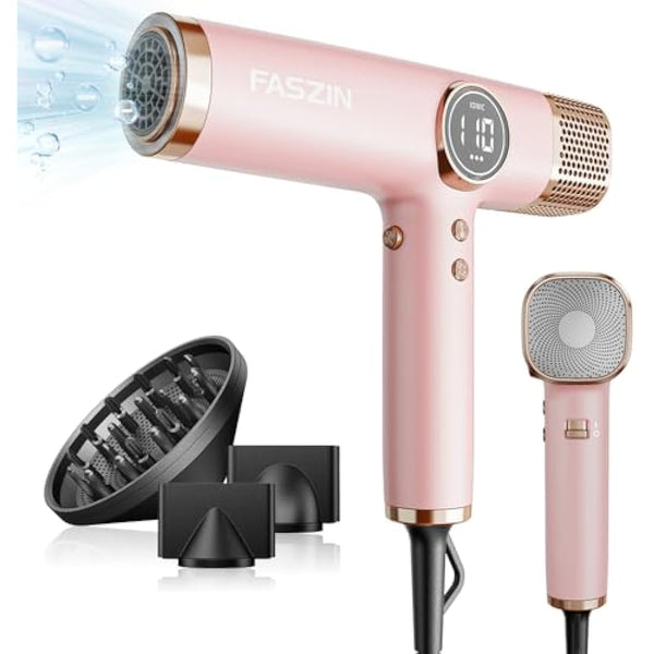 Faszin Hair Dryer, Lightweight Hairdryer with 110,000 RPM High Speed Motor for Fast Drying, 200 Million Ionic Hairdryers for Women & Men, Low Noise Hair Dryers, with 3 Magnetic Nozzle (Pink)