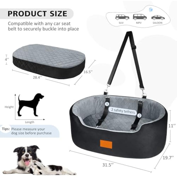 Dog Car Seat for Large/Medium Dogs Under 55 lbs, Travel Bed with thick Washable Booster with Non-Slip Base, Fits SUV & Car Back Seat (Black/Grey)