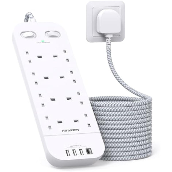 3M Extension Lead with 4 USB Slots, 8 Way Outlets Power Strip with 1800J Surge Protection, Double Switch Plug Extension with 10FT Braided Extension Cable for Home, Dorm Room, Office Accessories