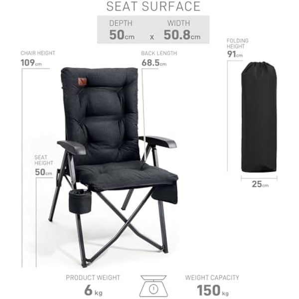 EVER ADVANCED Luxury Camping Chairs for Adults Heavy Duty High Back Oversized Folding Garden Chair Comfy Padded 6cm Loadable 150kg Camp Adjustable Dining Chairs 4-Position Recliner Deck Black