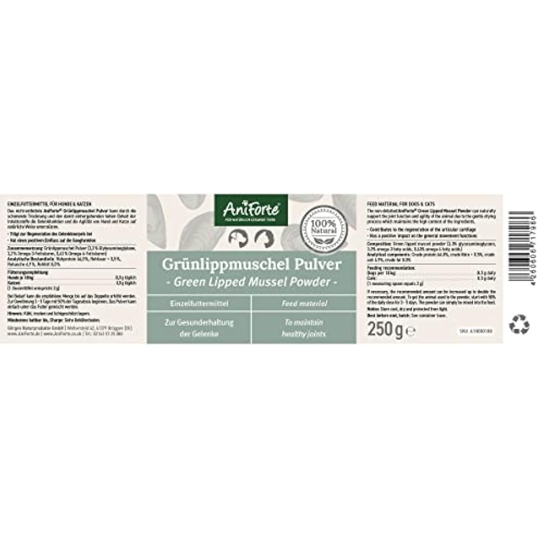 AniForte Green Lipped Mussel for Dogs and Cats 250g Powder - 100% Natural Joint Supplement with Glucosamine