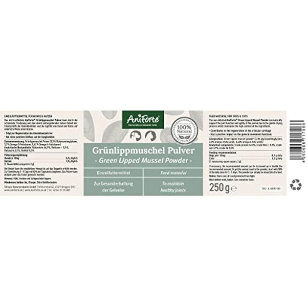 AniForte Green Lipped Mussel for Dogs and Cats 250g Powder - 100% Natural Joint Supplement with Glucosamine
