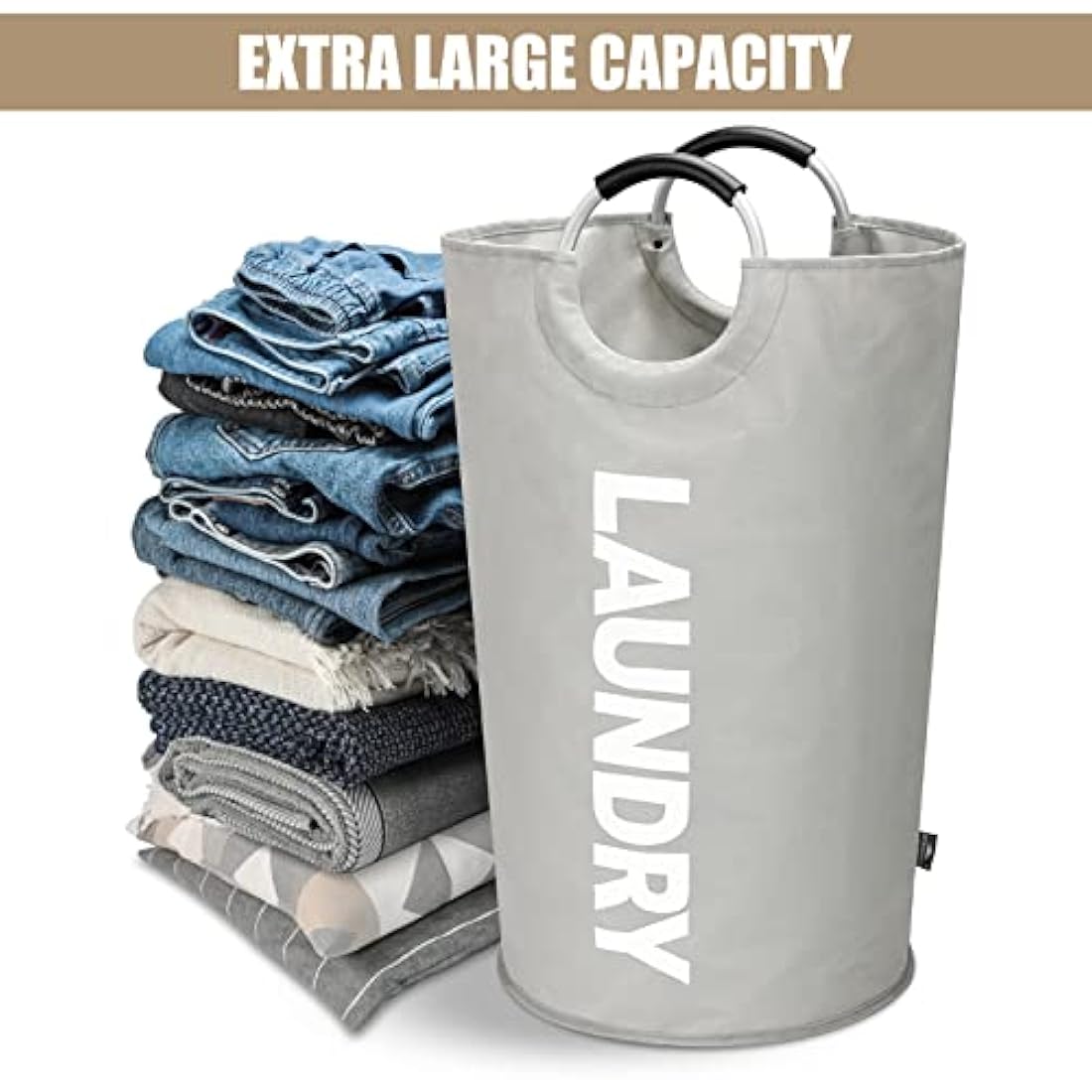 DOKEHOM 90L Large Laundry Basket, Collapsible Laundry Bag, Freestanding Tall Clothes Hamper, Foldable Washing Bin (Grey)