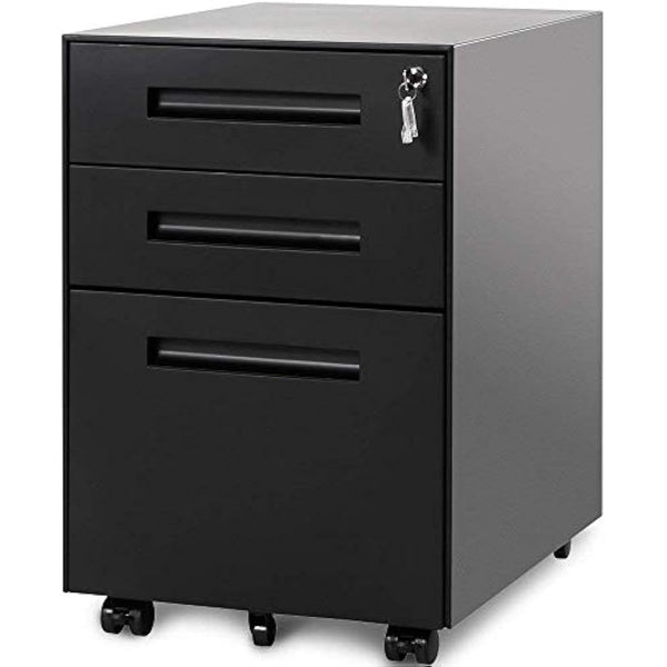 3 Drawer Mobile File Cabinet Filing Pedestal with Keys, Fully Assembled Except Casters,Metal Solid-Black