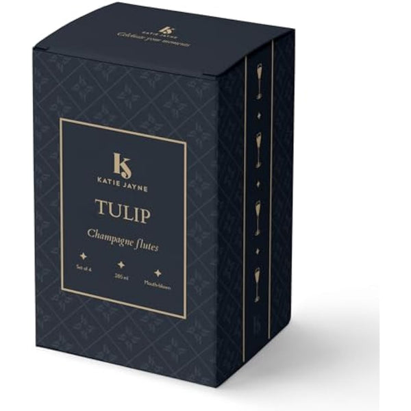 Katie Jayne 285ml 'Tulip' Champagne Flutes Set of 4 | Mouth-Blown Glass Set for Prosecco & Cocktails | 4 Large Modern Glasses for Home Bars, Weddings & Parties | Gift-Boxed, Handmade Drinking Glasses