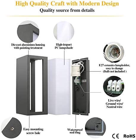 HLFVLITE Outdoor Wall Light, Max 40W E27 Aluminum Light Exterior Sconce, Waterproof Garden Lantern, Anthracite Grey