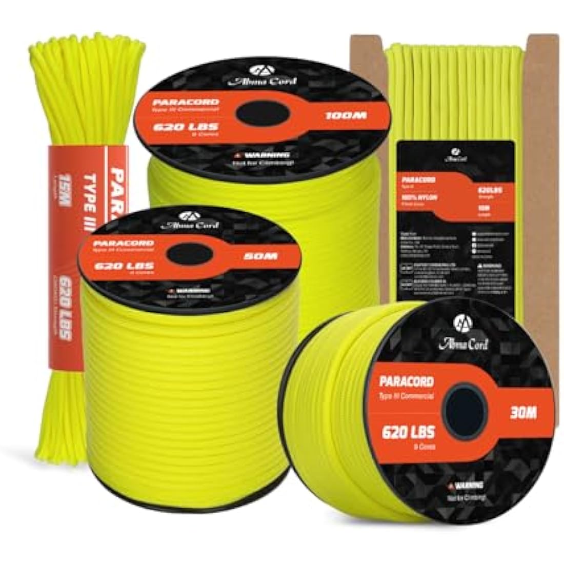 Abma Cord Paracord 4mm 100m 100% Nylon Rope 9 Strands Type III Parachute Cord for DIY, Camping, Survival, Outdoor - Max. 280kg - Neon Yellow