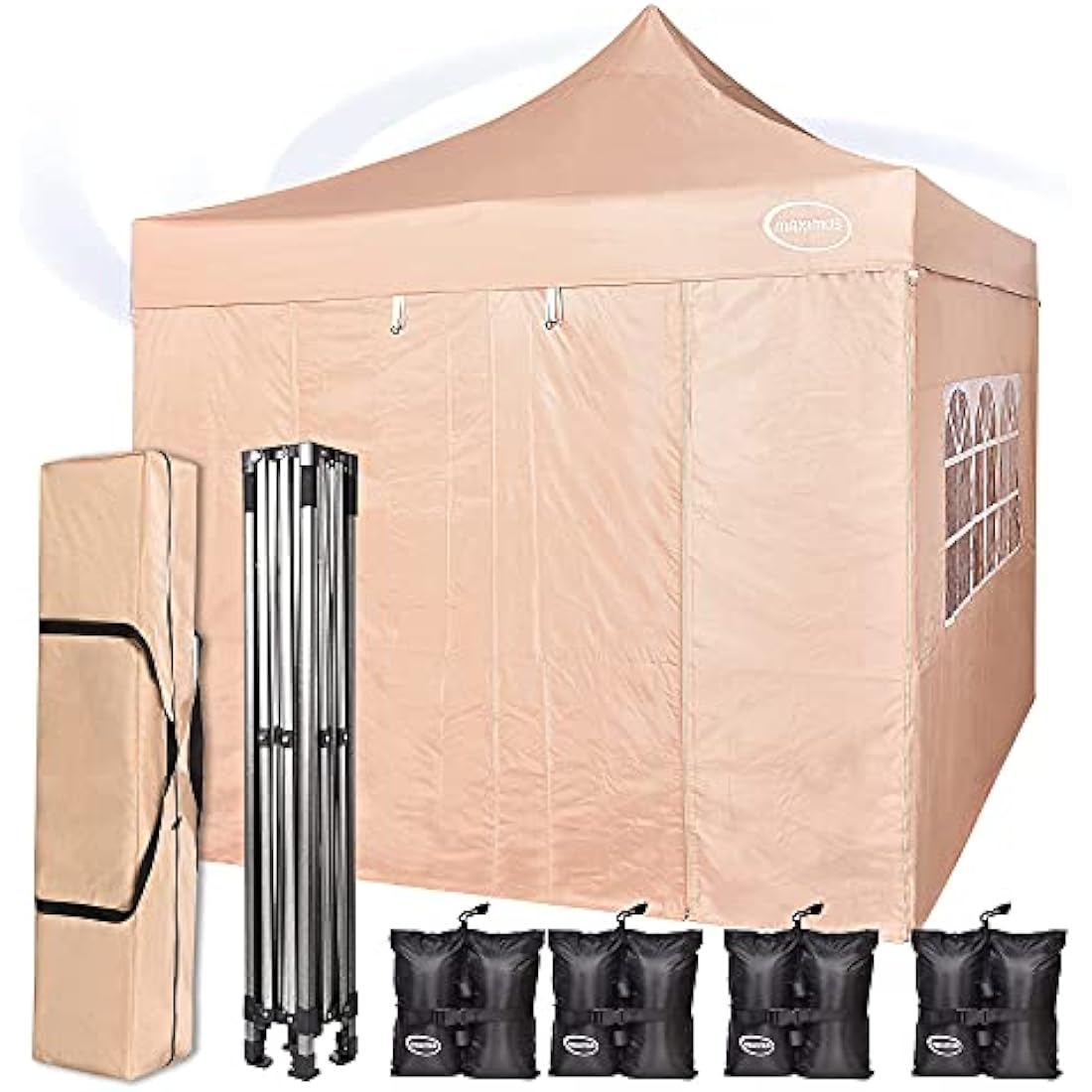 MAXIMUS HEAVY DUTY POP UP GAZEBO 3m x 3m COMMERCIAL MARKET STALL WITH 4 WEIGHT BAGS (4 Walls, Beige)