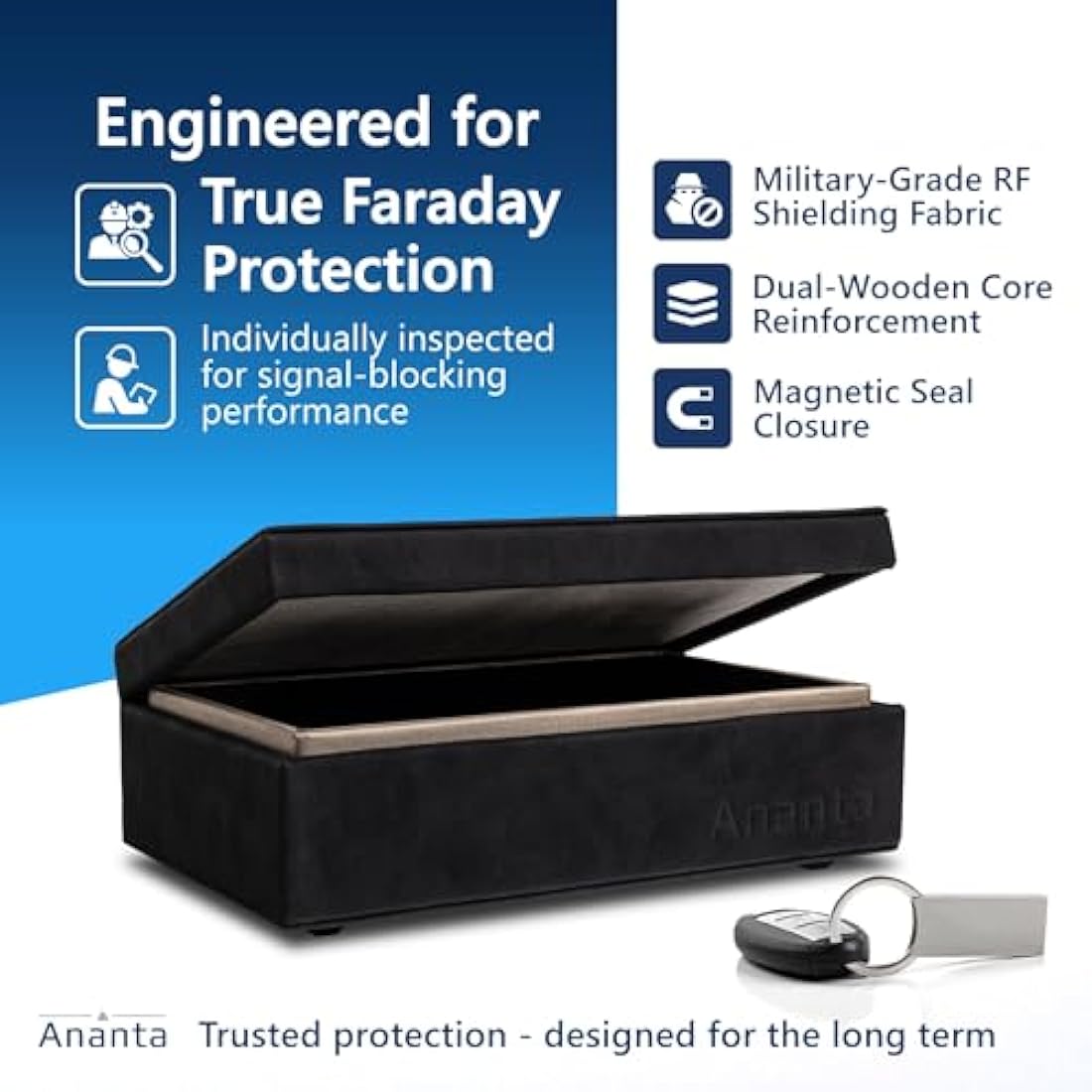Ananta Faraday Box for Car Keys – Military-Grade RFID Signal Blocking, Magnetic Closure & Spare Key Pouch (Black)