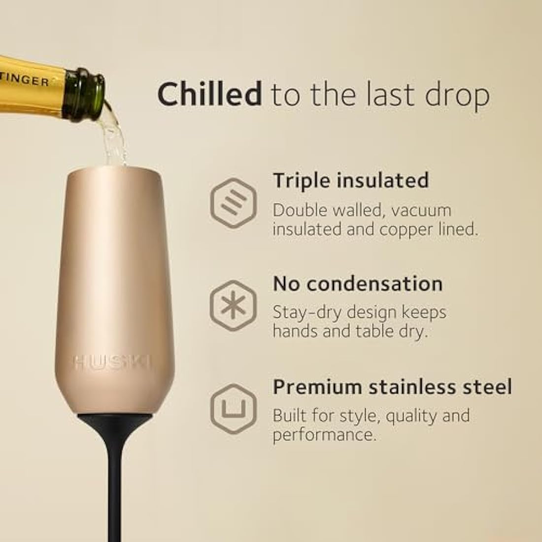 Huski Champagne Flute | New | Award-Winning Design with Detachable Stem | Premium Stainless Steel Champagne Glass with Lid | Triple Insulated Tumbler | 240ml Capacity | Great Gift (Champagne)