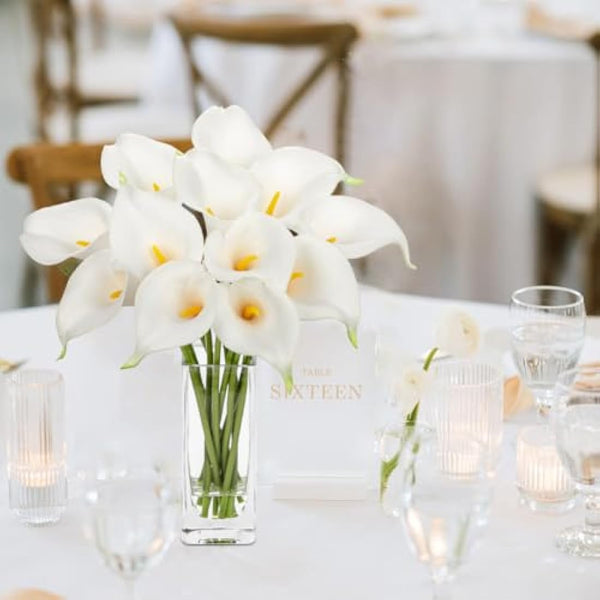 Hollyone 12 pcs Artificial Calla Lilies with Glass Vase Realistic Fake Flowers, Real Touch White Faux Flowers in Vase for Home, Living Room, Wedding, Centerpiece, Office, Party Decorations
