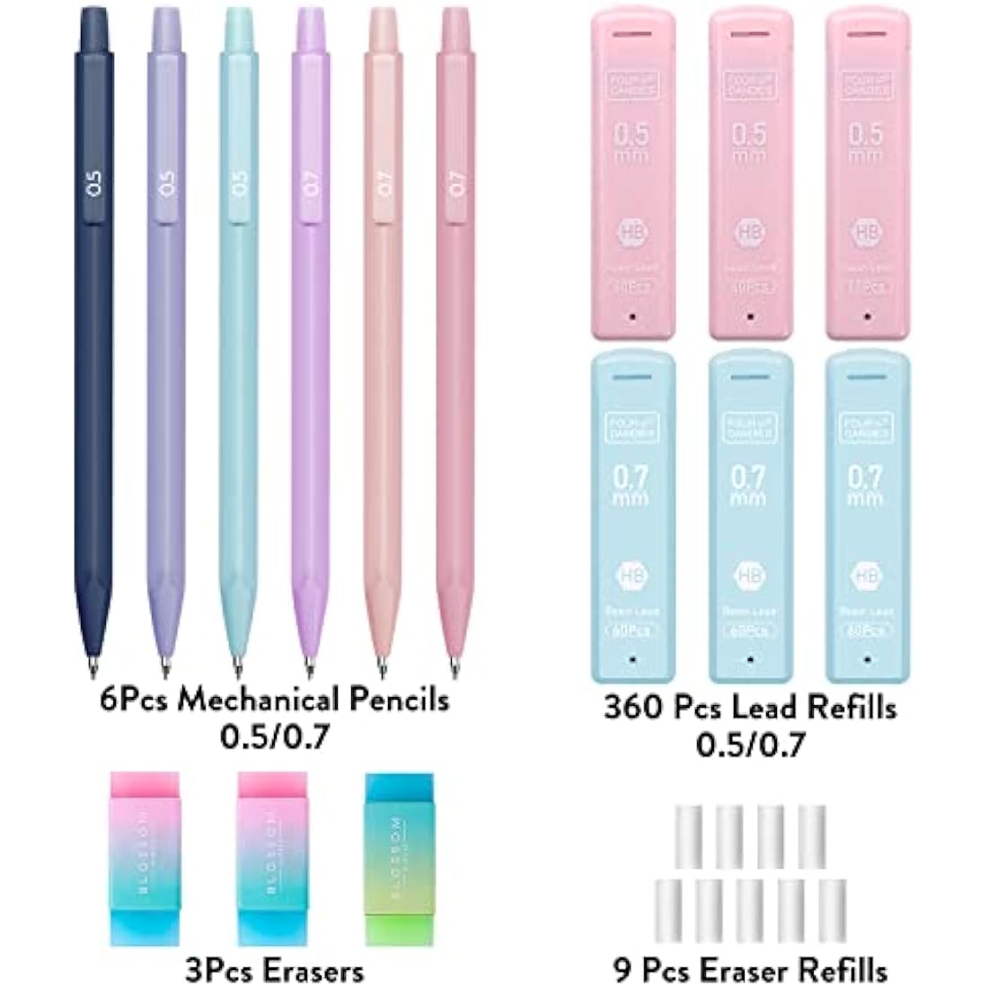 Four Candies Cute Mechanical Pencil Set, 6PCS Pastel Mechanical Pencils 0.5mm & 0.7mm with 360PCS HB Lead Refills, 12PCS Erasers, Aesthetic Stationery & School Supplies for Girls Writing
