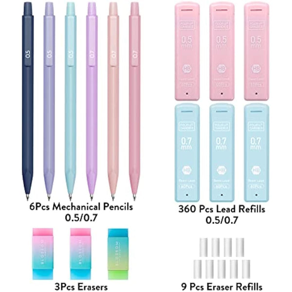 Four Candies Cute Mechanical Pencil Set, 6PCS Pastel Mechanical Pencils 0.5mm & 0.7mm with 360PCS HB Lead Refills, 12PCS Erasers, Aesthetic Stationery & School Supplies for Girls Writing