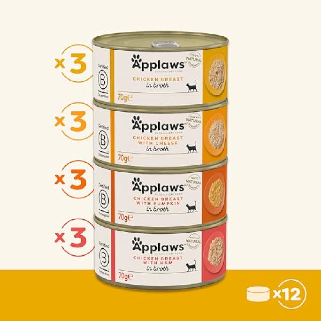 Applaws Natural Wet Cat Food Tin, Chicken Multipack Selection in Broth 70g (Pack of 12 x 70g Tins)