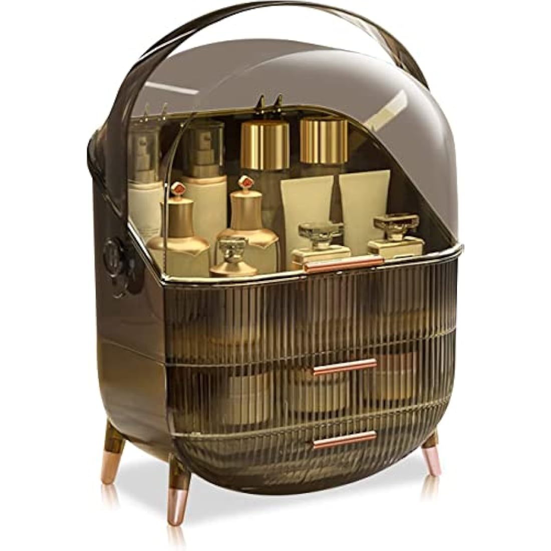 Kousee Makeup Organiser, Skincare Organiser Cosmetic Display Case with Dust Free Cover Portable Handle, Waterproof Makeup Box for Vanity Countertop Bathroom Dresser-Retro Grey