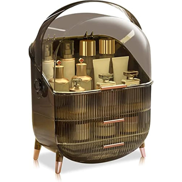 Kousee Makeup Organiser, Skincare Organiser Cosmetic Display Case with Dust Free Cover Portable Handle, Waterproof Makeup Box for Vanity Countertop Bathroom Dresser-Retro Grey