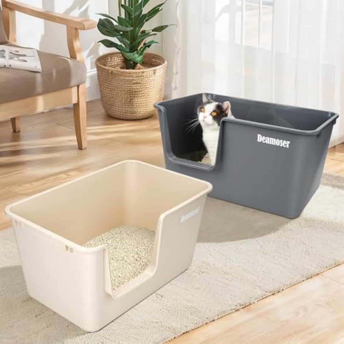 Extra Large High Sided Cat Litter Tray for Multi-Cat Households 54x31x32,Deep Cats Litter Box Anti-Splashing Beige