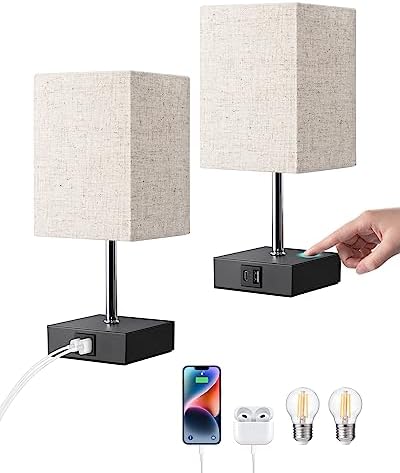 EDISHINE Bedside Lamps Set of 2, 3 Way Dimmable Table Lamp with USB A+C Charging Ports, Touch Lamps for Bedroom, Living Room, Beige Linen Lampshade(LED Bulbs Included)