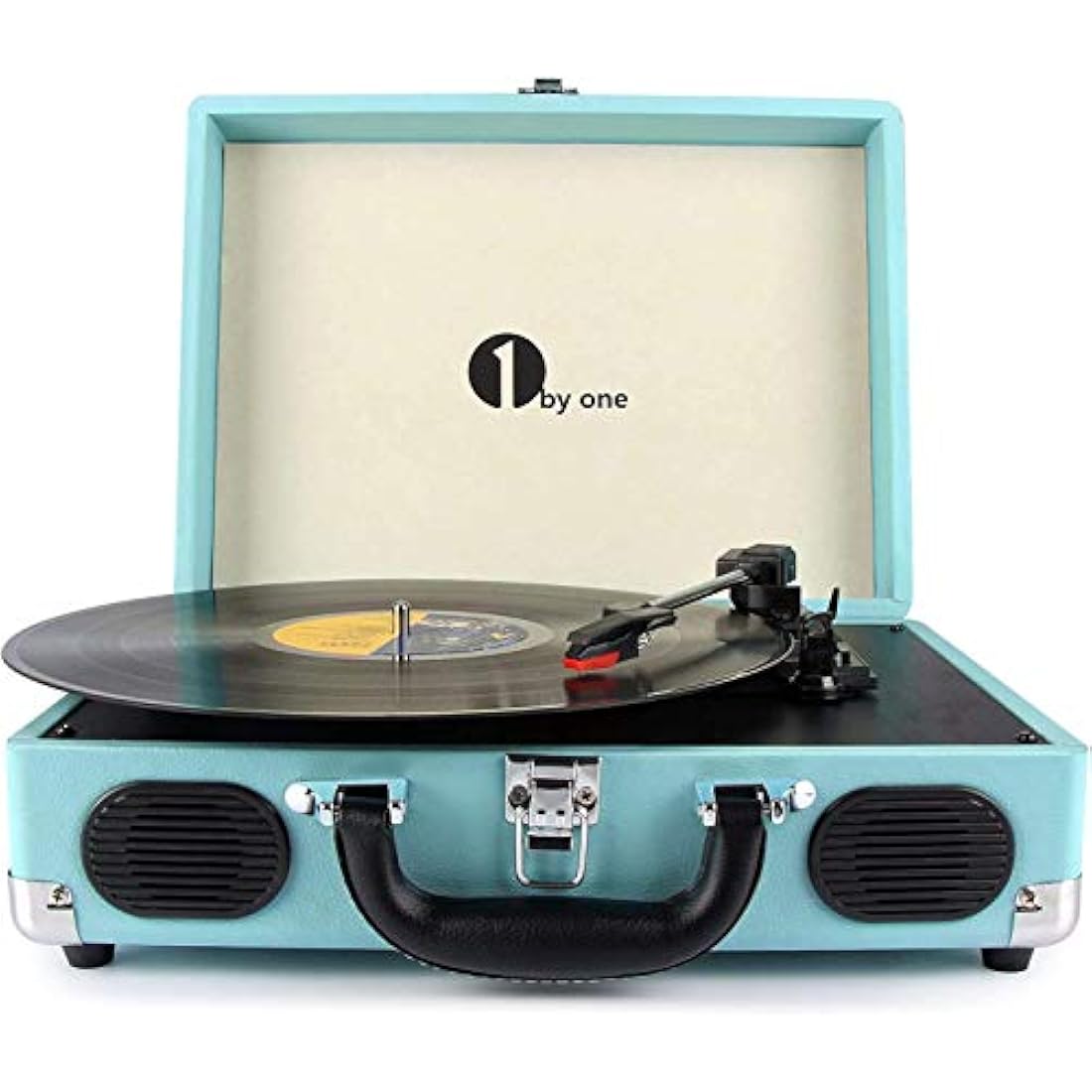 1 BY ONE Bluetooth Record Player Belt-Drive 3-Speed Portable Vinyl Turntable with Built in Speakers, Supports RCA Output, Headphone Jack, MP3, Mobile Phones Music Playback, Turquoise