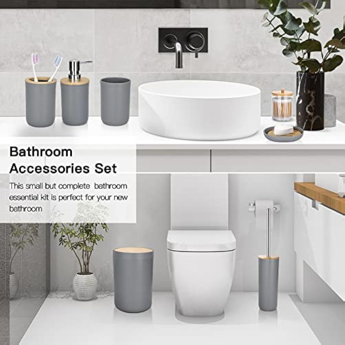 JOTOM 7 Pieces Bamboo Bathroom Accessories Bathroom Accessory Set Luxury Modern Plastic Bath Set Toothbrush Holder Tumbler Qtip Holder Toilet Brush Set Soap Dish Trash Can Soap Dispenser Gift (Grey)