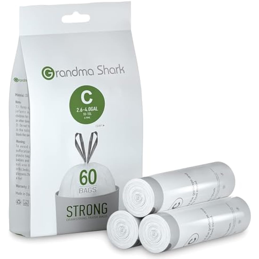 GRANDMA SHARK 10L - 15L Bin Bags Liners Drawstring Trash Bag, Handle Waste Bags, 60 Garbage Bag, Super Strong, Anti-drip Unscented, 47 × 54 cm