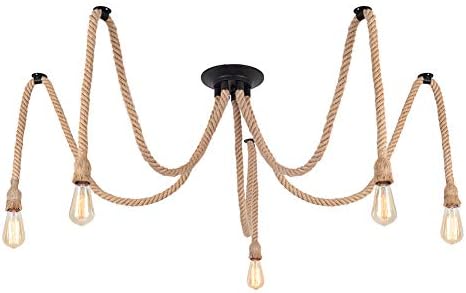 DIY Hemp Rope Retro Industrial Chandelier,Industrial 5 Lights Pendant Light Fitting,Retro E27 Edison Style Lamp/Living Room Restaurant Pendant Lights/Light Fixture,5 Lights(lampbulb is not Included)