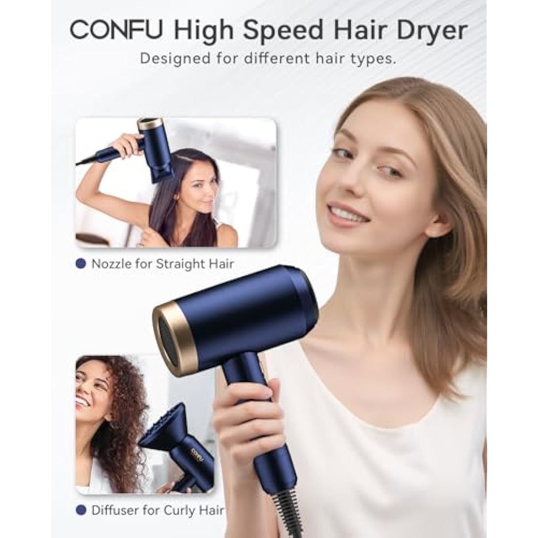 CONFU 1800W Hair Dryer, Ionic Hair Blow Dryer, Lightweight Hair Dryers with Cool Shot Button & Diffuser & Concentrator for Travel Salon Home Use, Dark Blue (Blue)