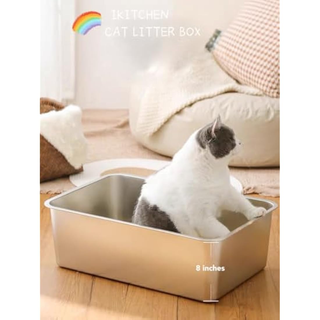 IKITCHEN Stainless Steel Cat Litter Box, Large Metal Litter Box for Cats Rabbits, Never Absorbs Odors,Stain Free, Rustproof, Non Stick Smooth Surface, Anti-slip Rubber Bottom, 19.5"L x 13.5"W x 8"H
