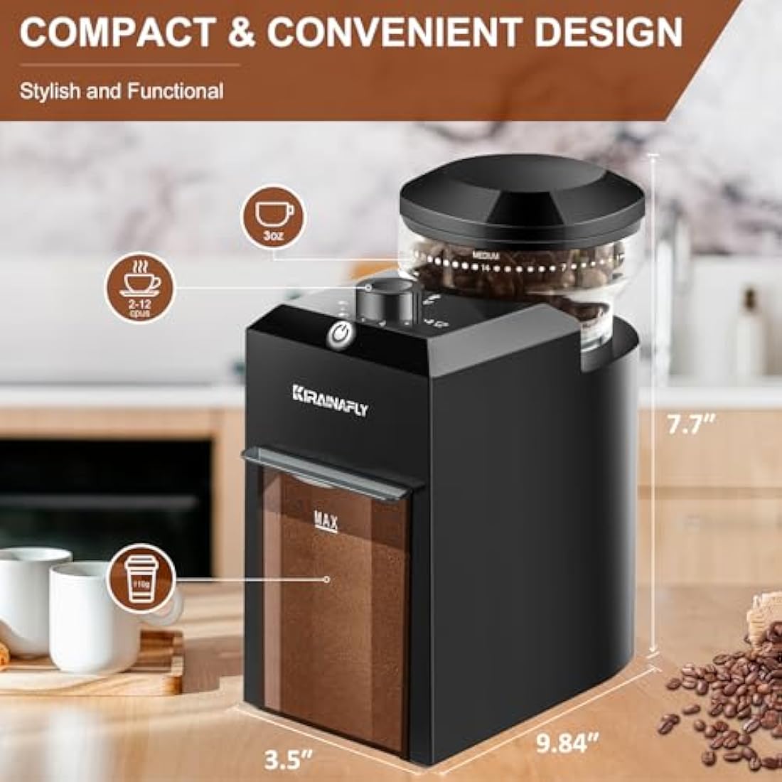 Electric Burr Coffee Grinder,Adjustable Coffee Grinder with 28 Precise Grind Setting for French Press, Drip Coffee and Espresso,12 Cups (Black)