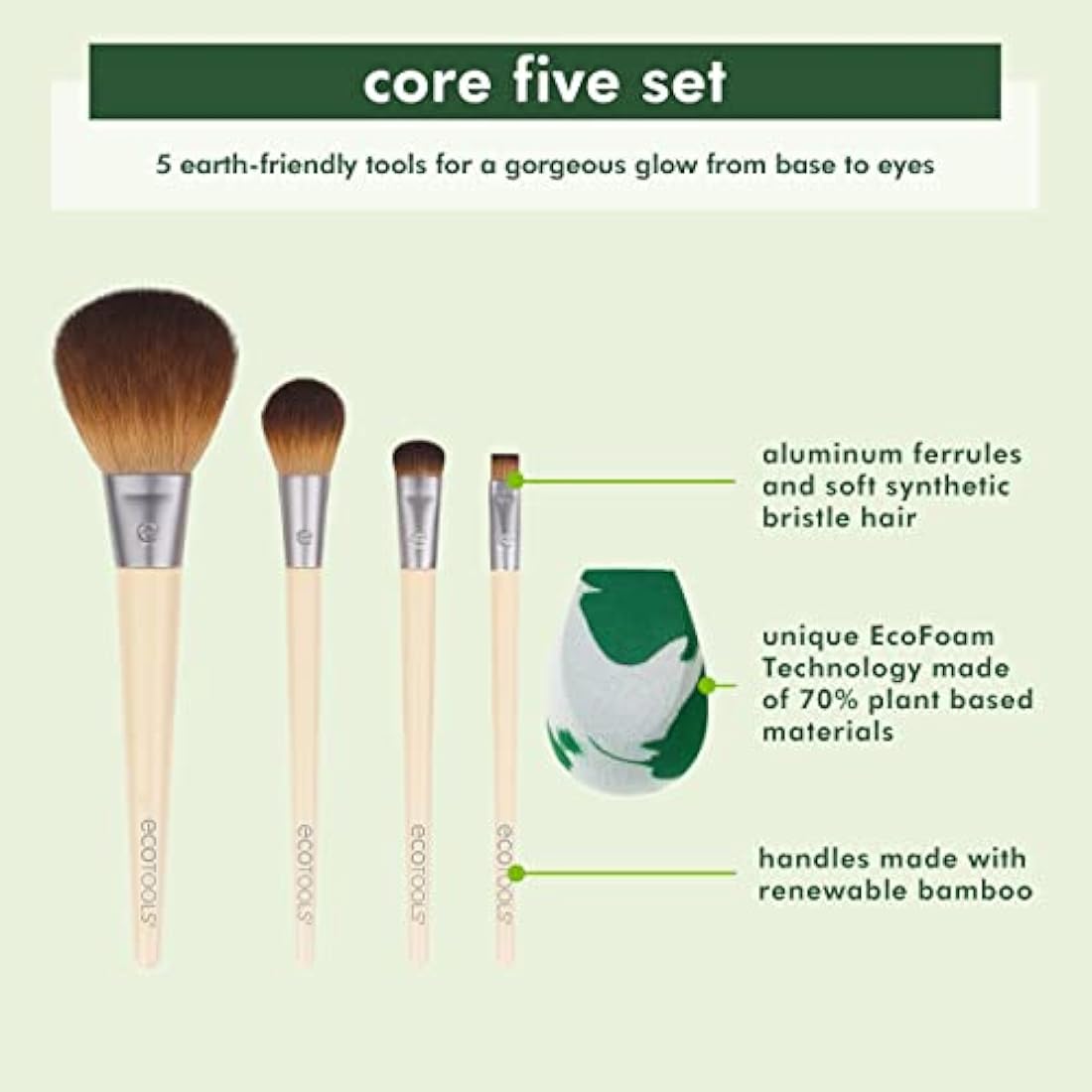 EcoTools Core Five Makeup Brush and Sponge Kit, For Eyeshadow, Blush, Bronzer, Eyeliner, & Foundation, Makeup Blending Sponge For Liquid & Cream Products, Vegan & Eco-Friendly Kit, 5 Piece Set