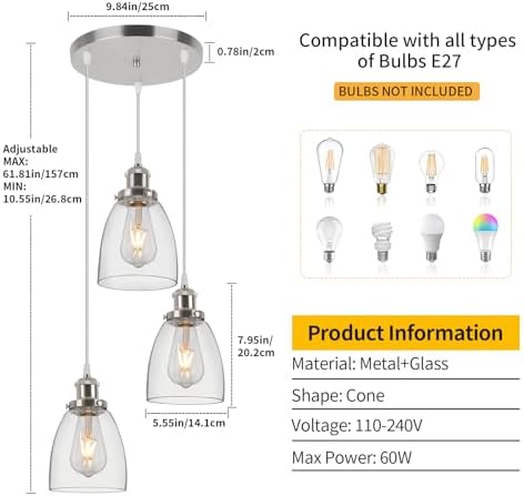 FORCOSO Industrial Glass Pendant Light, 3-Light Cone Shade, Brushed Nickel, Warm White, 1800 Lumen, 180W, Indoor, Kitchen, Bedroom, Living Room