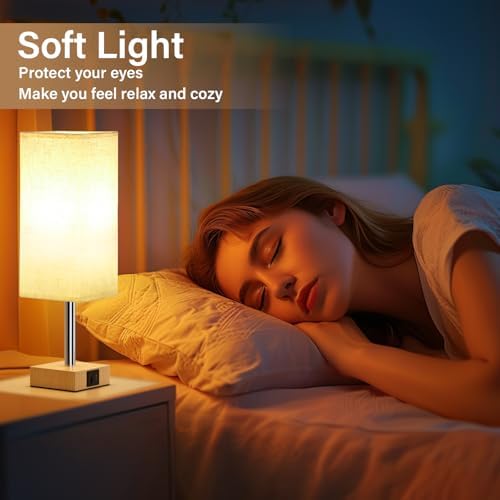Aooshine Bedside Lamps Set of 2, 3-Way Dimmable Table Lamp with USB-C+A Charging Ports,Lamps for Bedroom with Linen Fabric Shade(Bulbs Included)
