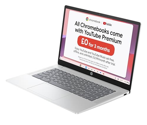 HP Chromebook 14" | Intel Processor N100 Processor| 4 GB RAM | 128 GB Flash Storage | Intel UHD Graphics | HD Display | Up to 12hrs battery | Chrome OS | Dual Speakers | Glacier Silver | 14a-nf0002sa