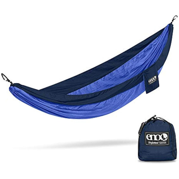 ENO Singlenest Hammock Navy Royal Soft Breathable Fabric 70 Denier High Tenacity Nylon Taffeta Heavy Duty Triple Stitched Fast Dry Compression Stuffsack Aluminium Wiregate Carabiners Weight 454 g