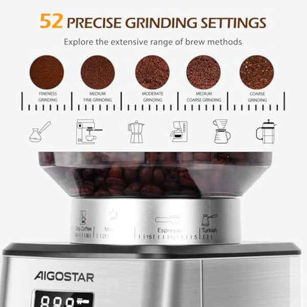 Aigostar Conical Burr Coffee Grinder Electric, Coffee Bean Grinders Automatic, Adjustable Burr Mill with 52 Precise Grind Setting, Burr Coffee Grinder for Espresso Drip Coffee and French Press, Black
