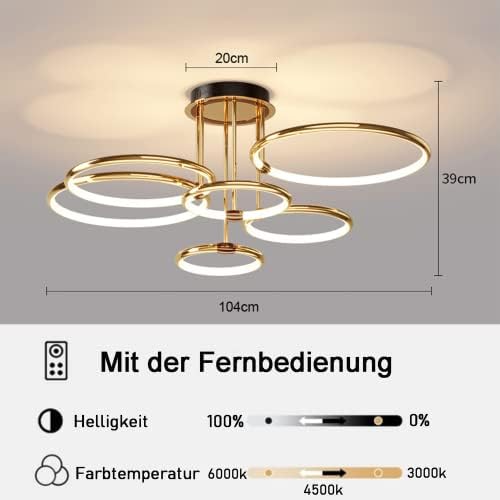 EIDEARAY LED Ceiling Light，Modern Nest Design Ceiling Lamp Dimmable with Remote Control Lamp Golden Ring Ceiling Lighting Apply Living Room Kitchen Hallway Balcony Dining Room (Six Rings)