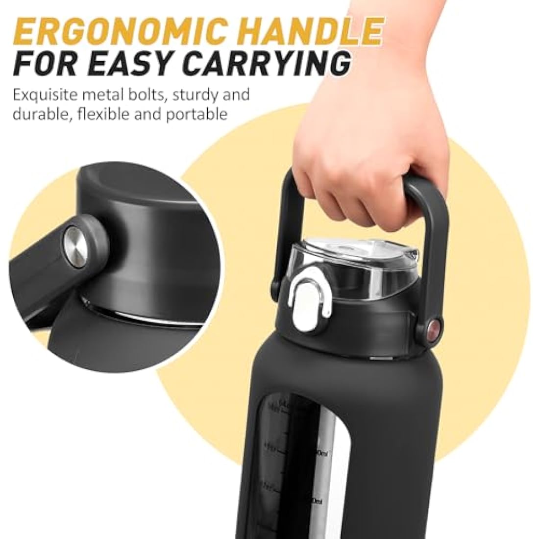 HYDRAGLAZIC 2L Glass Water Bottle with 2 Lids Flip and Chug Lids 2 Liter Large Water Jug with Time Marker and Silicone Sleeve BPA Free Leak-proof for Sports Gym, Black