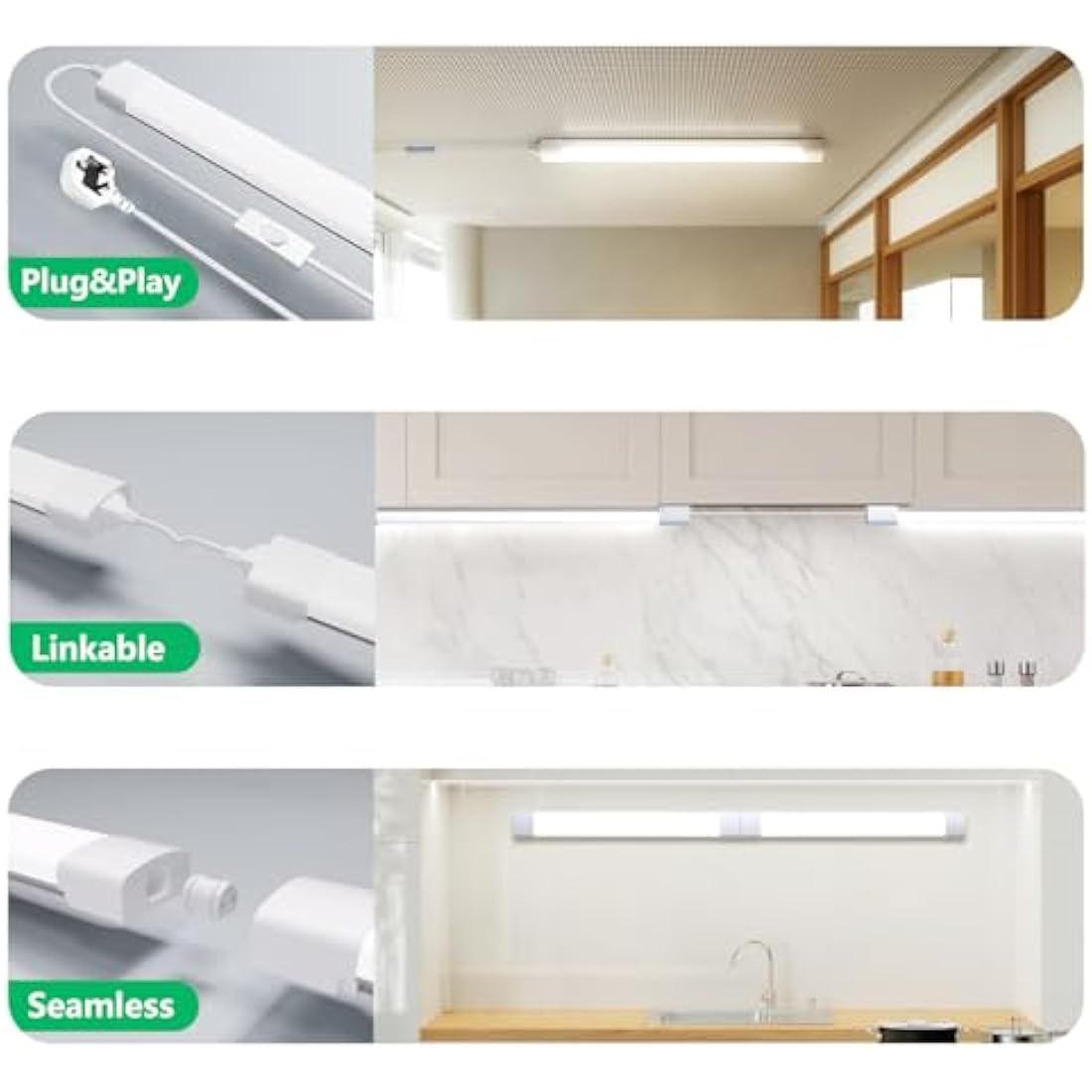 Amdelne 6000k Led Batten Light, 4FT 120CM, 36W Plug in Wall Light Shed Loft Light, IP65 Plug in Ceiling Light Strip for Garage Lighting, Office, Bedroom, Kitchen, Shed,Outdoor,Tube Light
