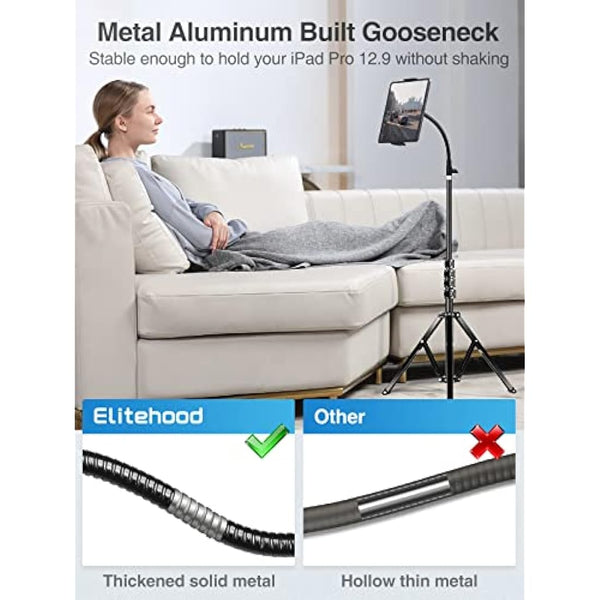 elitehood 72” Tall iPad Stand Floor, Stronger Gooseneck iPad Tripod Stand, Adjustable Tablet Tripod Holder Mount for Stream/Watching, Compatible with 4.7-13” Tablet, iPhone and Cell Phone, Black