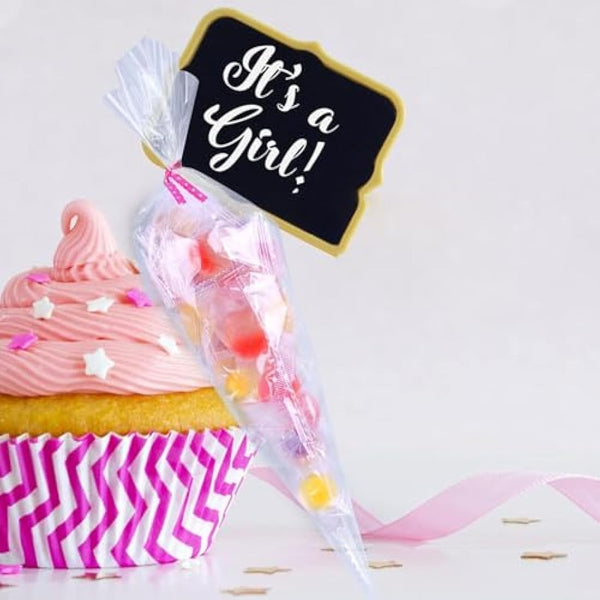 FOLKSNSHOPS 200pcs Sweet Cone Bags 32x18cm Clear Cone Bags, Sweet Bags, Cellophane Cone Bags with Ties for Party Supplies, Sweets, Biscuits Displaying & Wrapping on Birthday Parties and Festivals