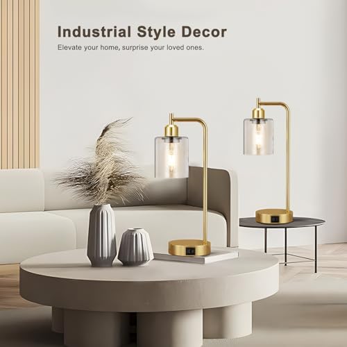 Aooshine Industrial Touch Lamps Set of 2, Gold Bedside Lamps Set of 2 with Glass Shade for Bedroom(Bulbs Included)