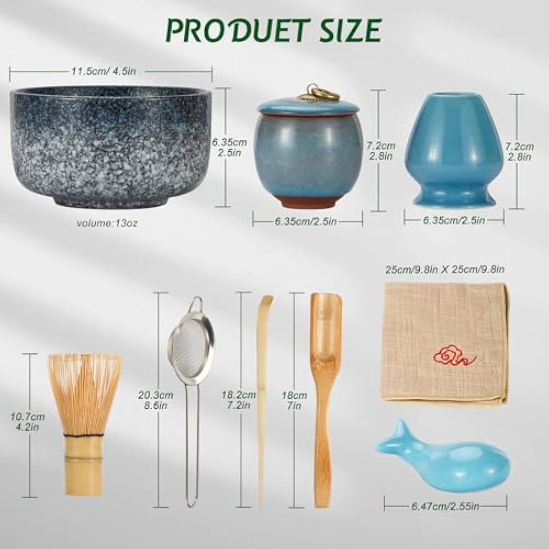 DiDiBirDi Matcha Tea Set 9 Pcs，Japanese Ceramic Bowl，Matcha Whisk (Chasen), Scoop (Chashaku), Stainless Steel Sifter，Whisk Holder,Tea Powder Caddy