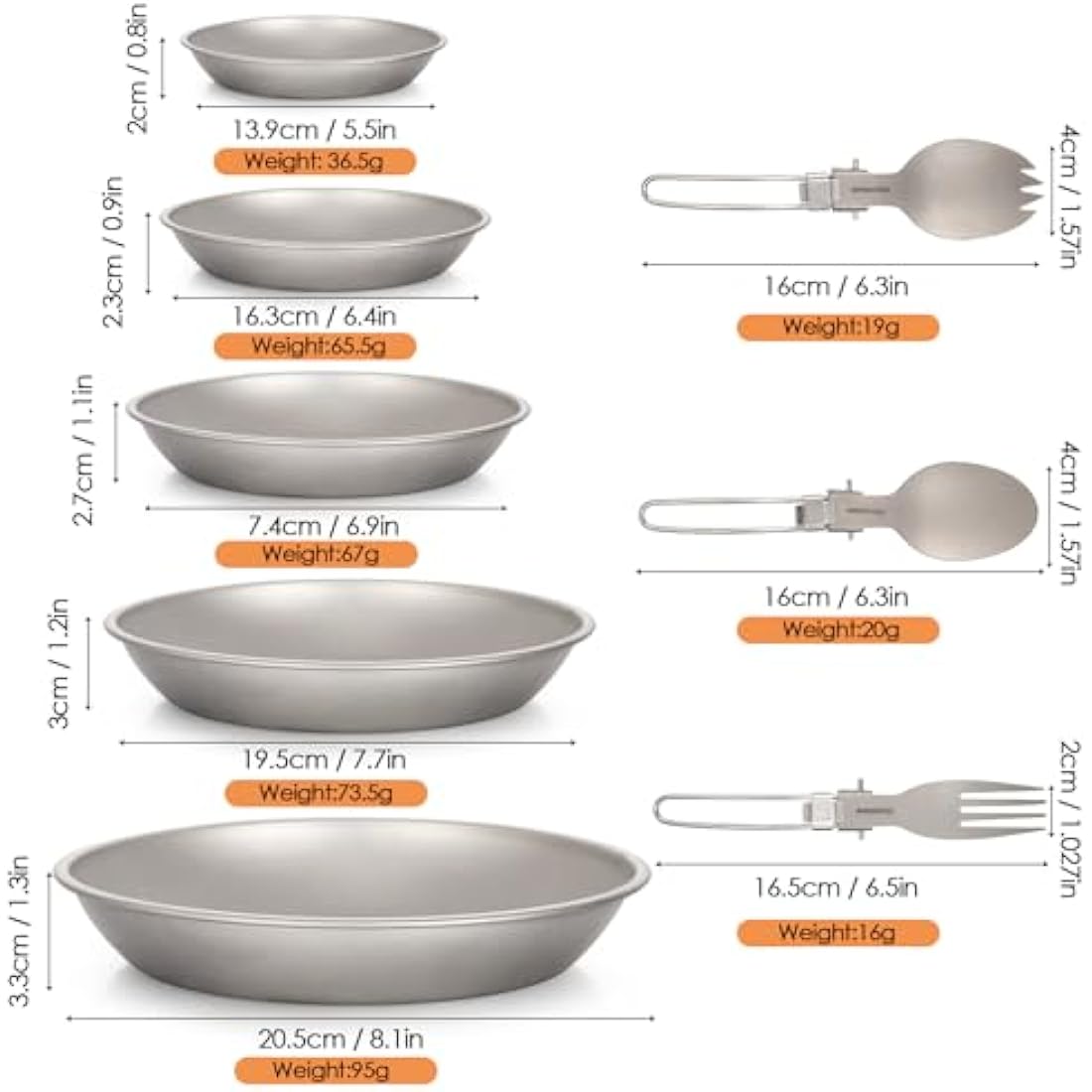 Aomiun 8PC Titanium Camping Plates Set with Utensils | Ultralight 5-Stack Outdoor Dinnerware (5 Plates + 3 Foldable Cutlery) | Corrosion-Resistant for Backpacking, Hiking, Picnic