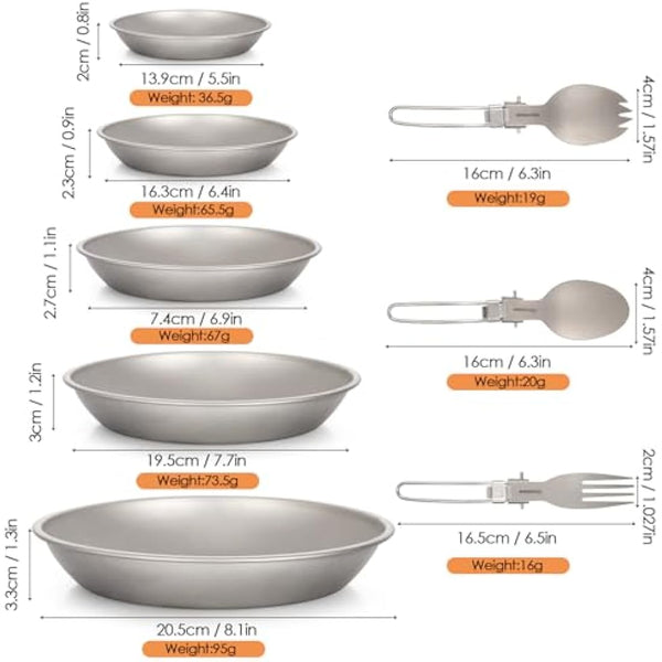 Aomiun 8PC Titanium Camping Plates Set with Utensils | Ultralight 5-Stack Outdoor Dinnerware (5 Plates + 3 Foldable Cutlery) | Corrosion-Resistant for Backpacking, Hiking, Picnic