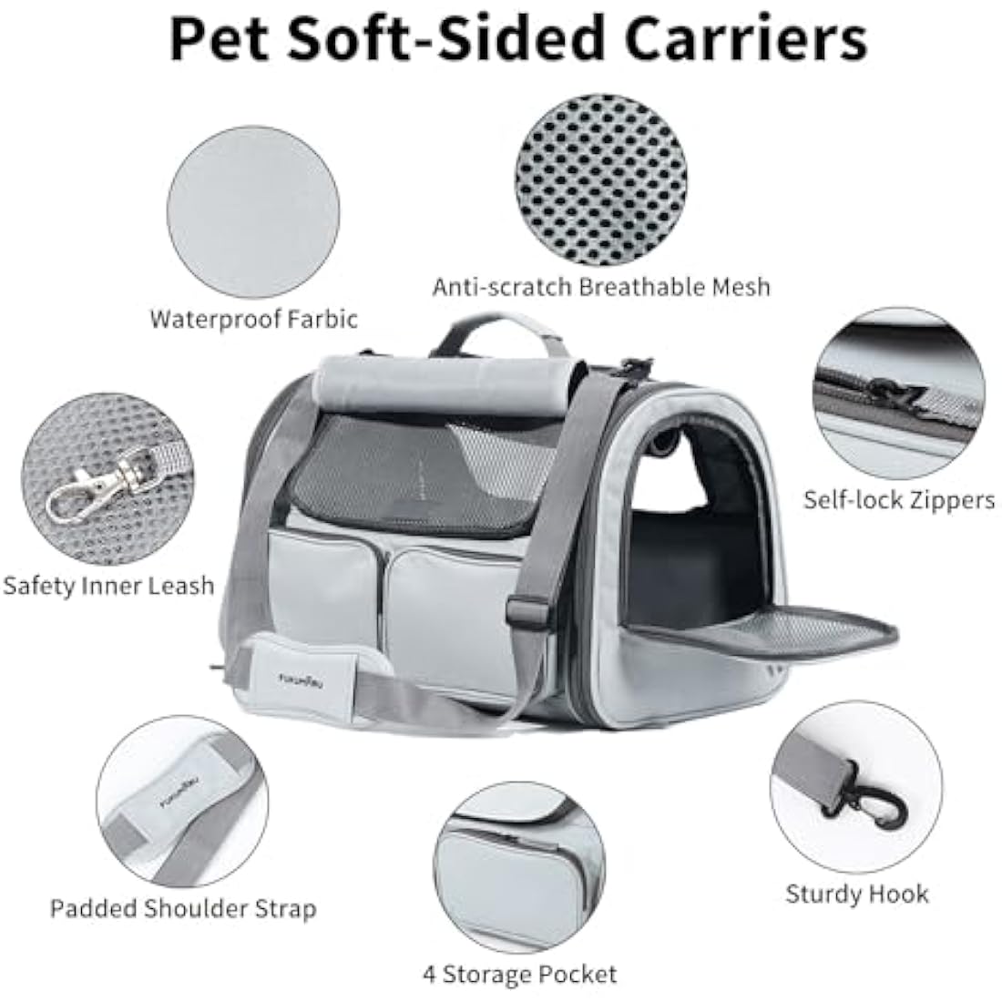 FUKUMARU Cat Carrier, Soft-Sided Small Dog Carrier, Large Cat Travel Bag with 4 Mesh Windows, Airline Approved Pet Carrier with 4 Storage Pockets, Rollable Cover for Nervous Pets, Grey