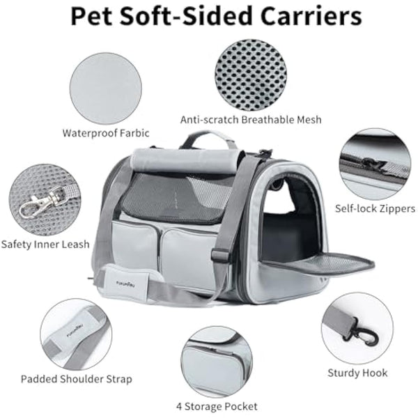 FUKUMARU Cat Carrier, Soft-Sided Small Dog Carrier, Large Cat Travel Bag with 4 Mesh Windows, Airline Approved Pet Carrier with 4 Storage Pockets, Rollable Cover for Nervous Pets, Grey